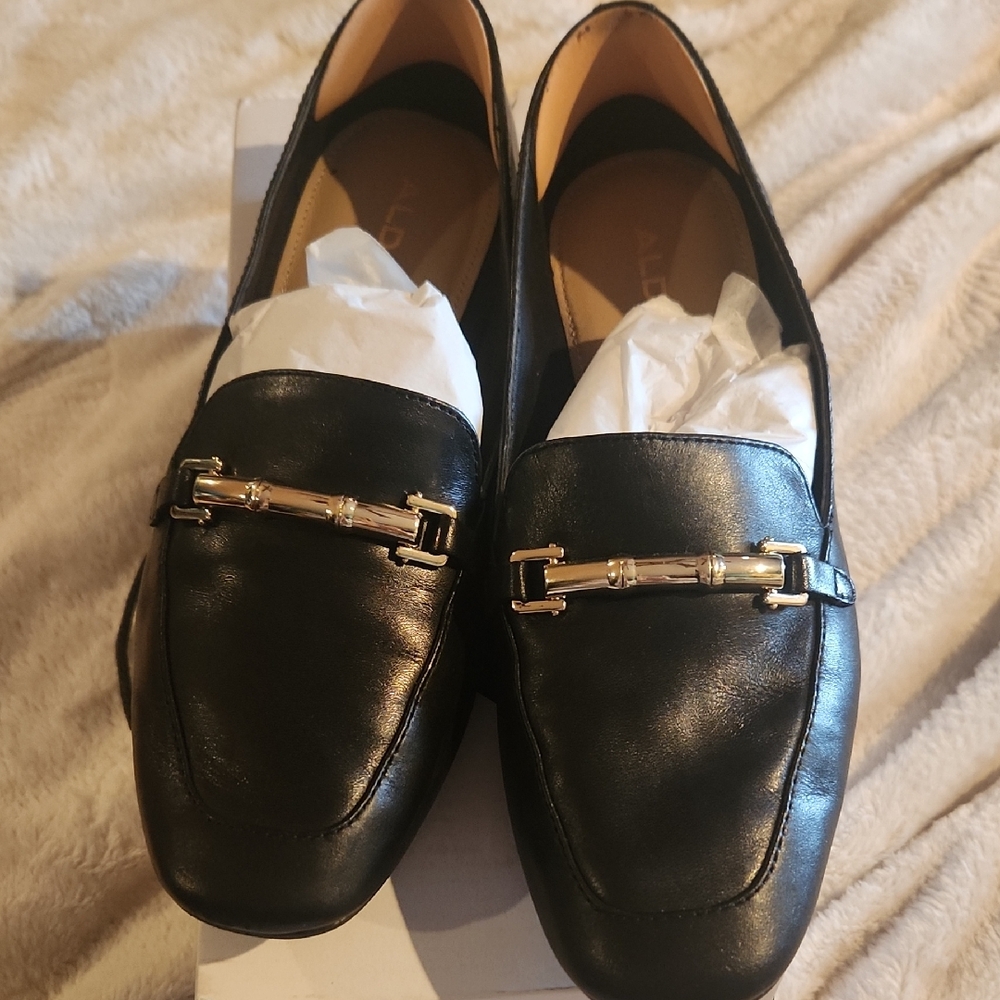 Aldo Black Leather Slip-On Loafers with Gold Accent Boska Size US 6